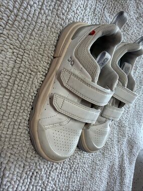 On Running Kids White Leather Velcro Casual Sneakers with Light Gray Trim